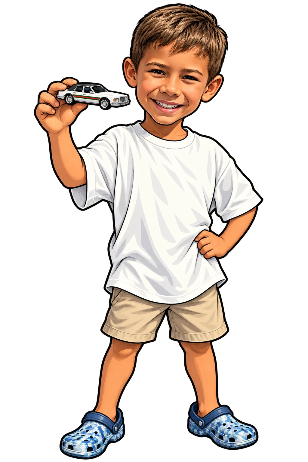 Lucca in cartoon style proudly holding his white Hot Wheels Gucci Cadillac Seville