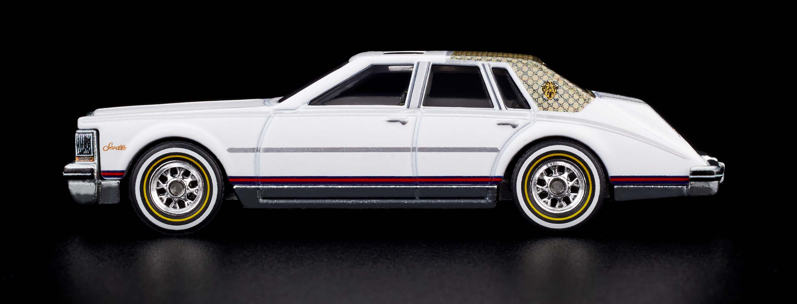 Official Mattel photograph of the Hot Wheels x Gucci 1982 Cadillac Seville